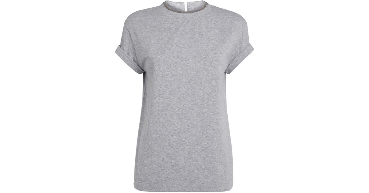 Brunello Cucinelli Cotton Embellished T-shirt in Gray - Lyst