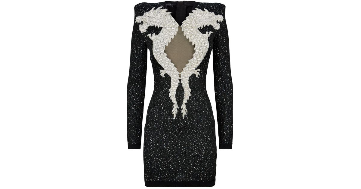 Balmain Long Sleeve Dragon-embellished Sequin Dress in Black | Lyst