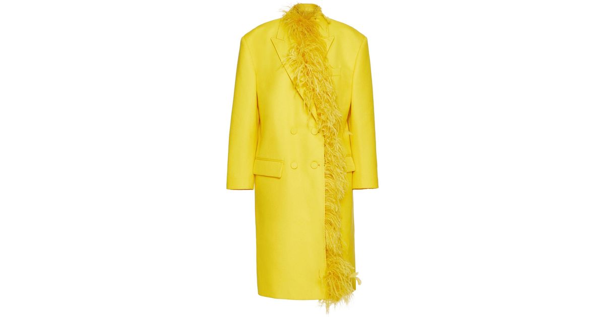 Valentino Garavani Wool Feather-trim Coat in Yellow | Lyst