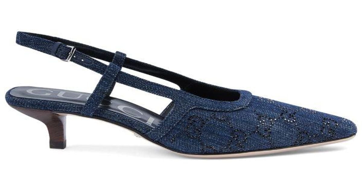 Gucci Denim-Rhinestone Gg Slingback Pumps 35 in Blue | Lyst