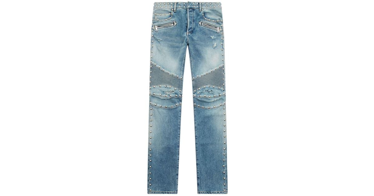 Balmain Stud Embellished Biker Jeans in Blue for Men | Lyst