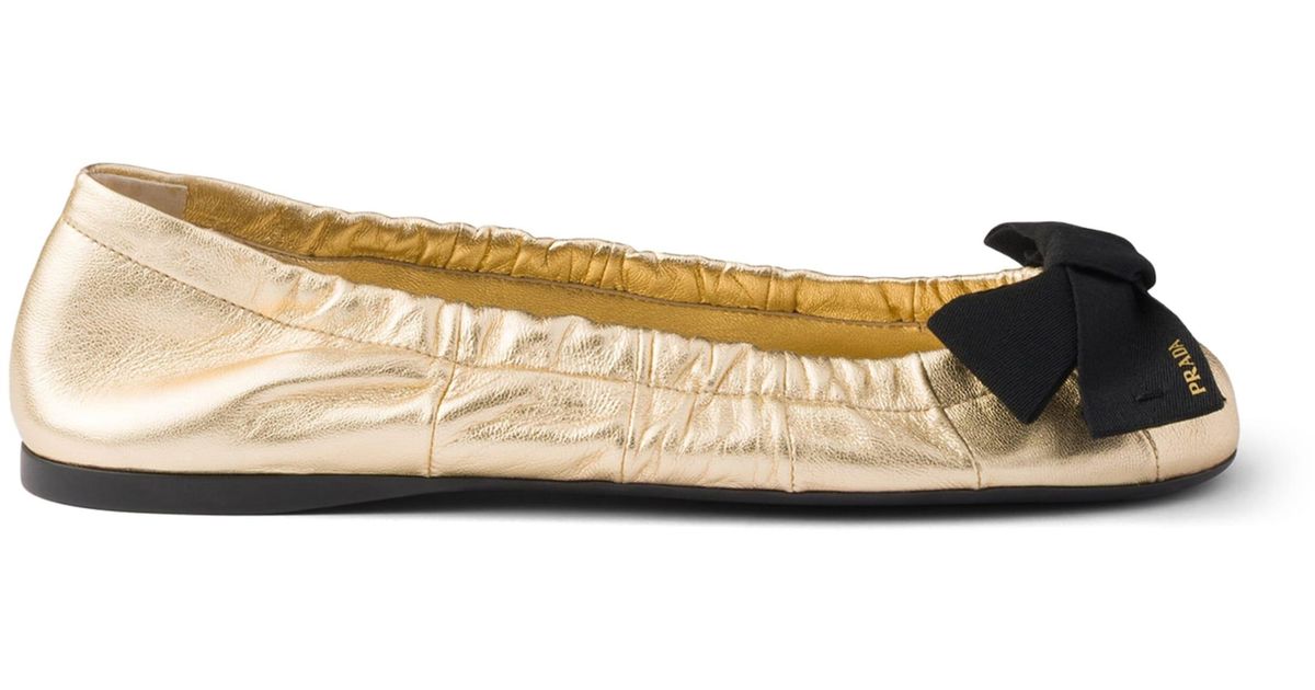 Prada Nappa Leather Bow Ballet Flats in Natural | Lyst UK