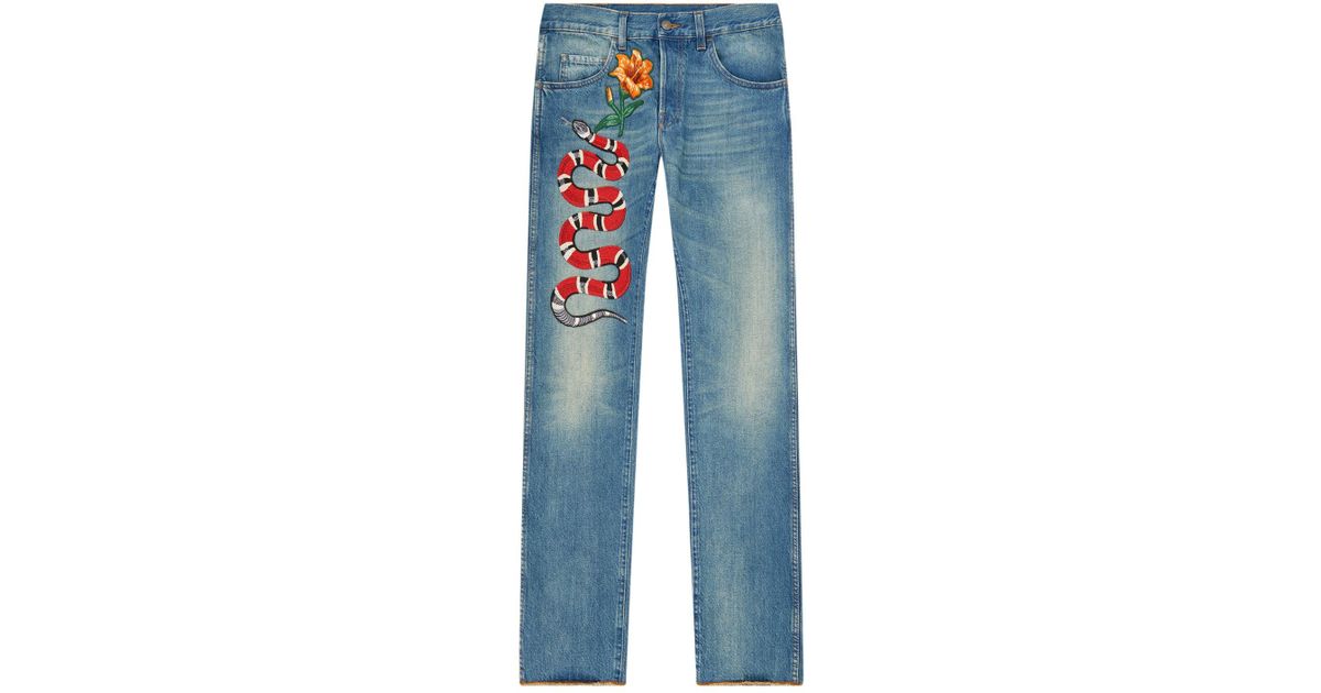 Gucci Snake Embroidered Jeans in Blue | Lyst