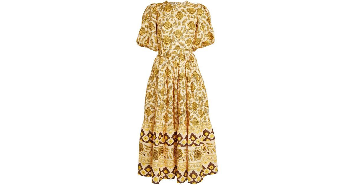 RHODE Linen Maryam Midi Dress in Gold (Metallic) | Lyst
