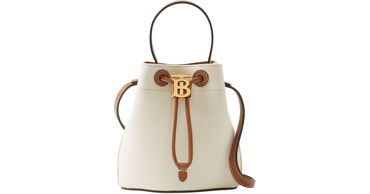 Burberry Mini Canvas Tb Bucket Bag in Natural | Lyst
