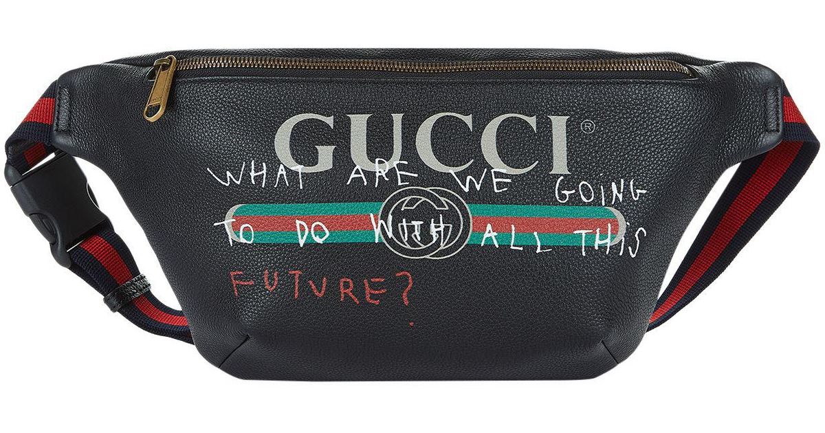 Gucci Leather Slogan Logo Print Belt Bag in Black - Lyst