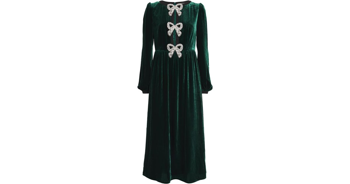 Saloni Velvet Embellished Camille Bows Midi Dress in Green | Lyst Canada