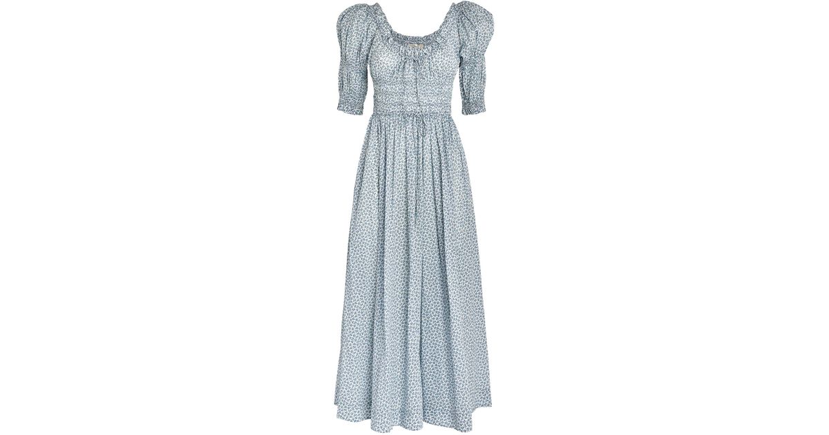 doen ischia dress blue Ischia gathered polka-dot cotton midi dress in blue - Doen