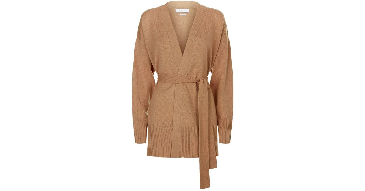 beige belted cardigan