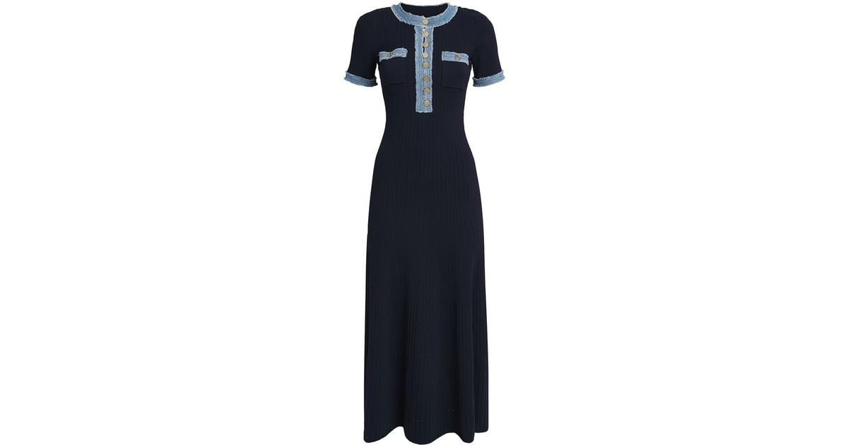 Sandro Denim-Trim Knitted Maxi Dress in Blue | Lyst Sandro Denim-Trim Knitted Maxi Dress in Blue | Lyst
