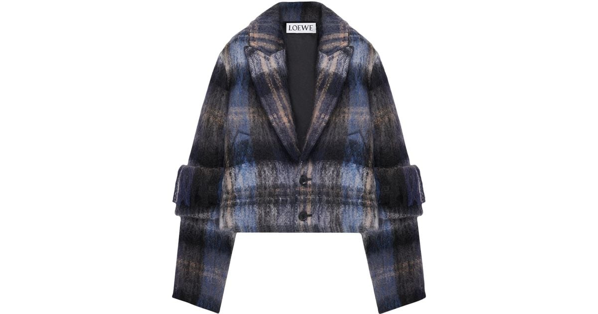 Loewe Mohair-Wool Scarf-Detail Check Coat in Blue | Lyst