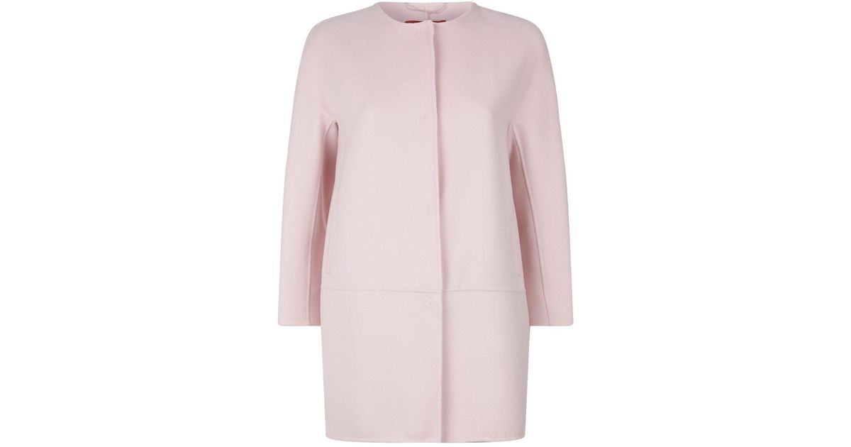 pink collarless coat