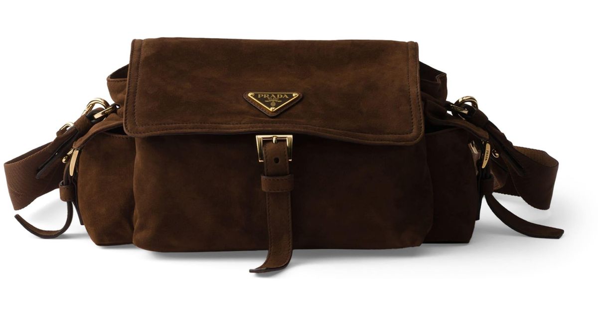 PRADA 25S EXPLORE MEDIUM SHOULDER BAG 30 IN CINNAMON SUEDE WITH FLAP