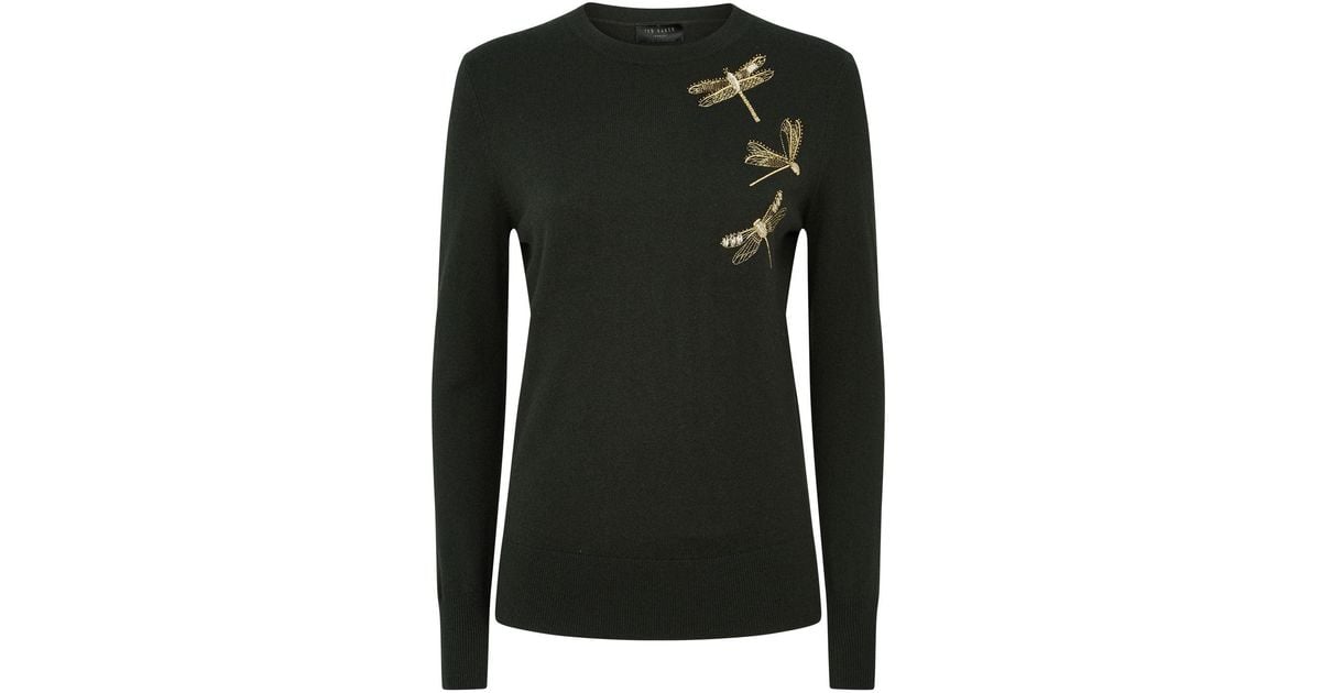 Ted Baker Wool Embroidered Dragonfly Sweater in Dark Green (Green) - Lyst