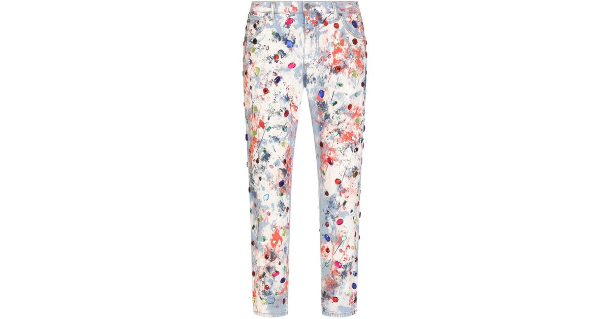 Dolce & Gabbana Denim Crystal-embellished Paint Splatter Tapered Jeans ...