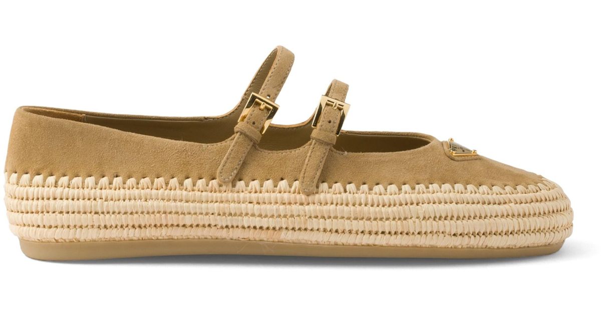 Prada Leather And Raffia Ballet Flats in Natural | Lyst UK