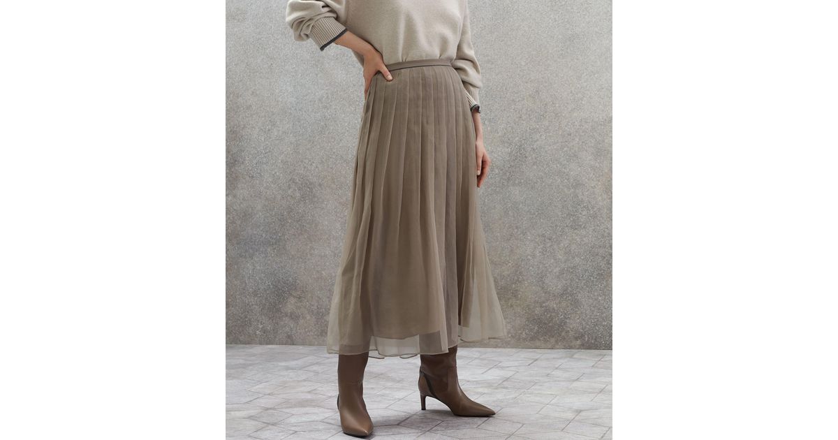 スカート BRUNELLO CUCINELLI CRISPY SILK PLEATED MIDI SKIRT Brunello Cucinelli Crispy Silk Pleated Midi Skirt With Shiny