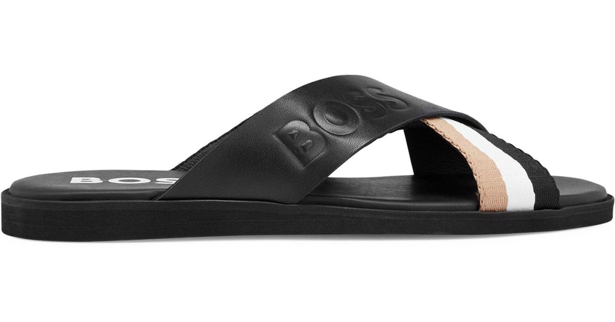 BOSS Mens Brown Cross Straps Darrel Open Toe Slip On Leather Sandals Shoes 46 Men main image 3