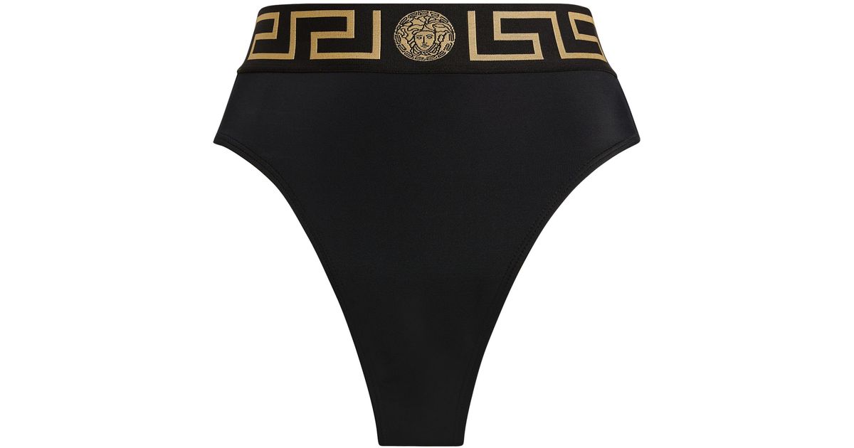 Versace Synthetic Greca-trim High-waist Bikini Bottoms in Black | Lyst