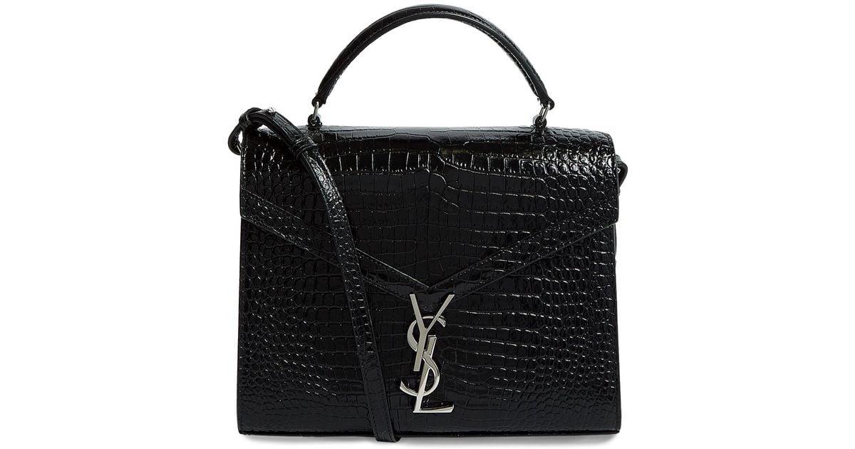 Saint Laurent Medium Croc-embossed Cassandra Top Handle Bag in Black | Lyst