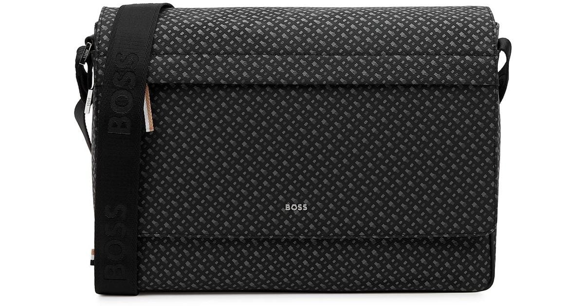 BOSS by HUGO BOSS Black Monogrammed Coated Canvas Crossbody Bag for