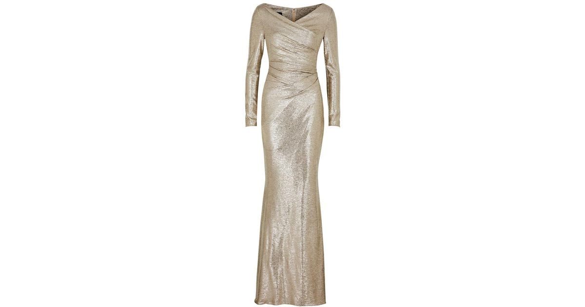 Talbot Runhof Metallic Ruched Wrap-effect Gown in Natural | Lyst