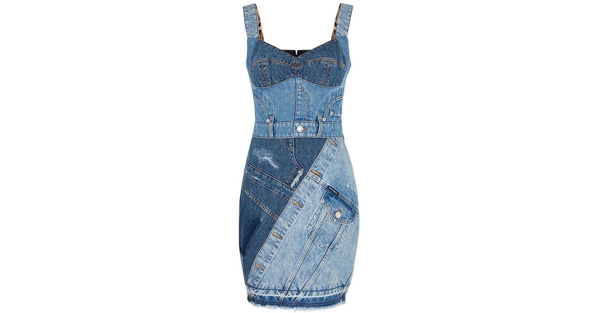 Patchwork Denim Lace Midi Dress Blue,Print | VERSACE ZA