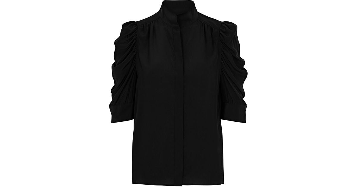 FRAME Gillian Ruched Silk Blouse in Black | Lyst