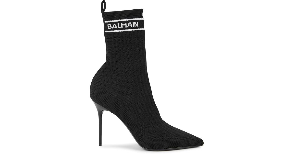 Balmain Skye 95 Black Logo Stretch-knit Ankle Boots | Lyst