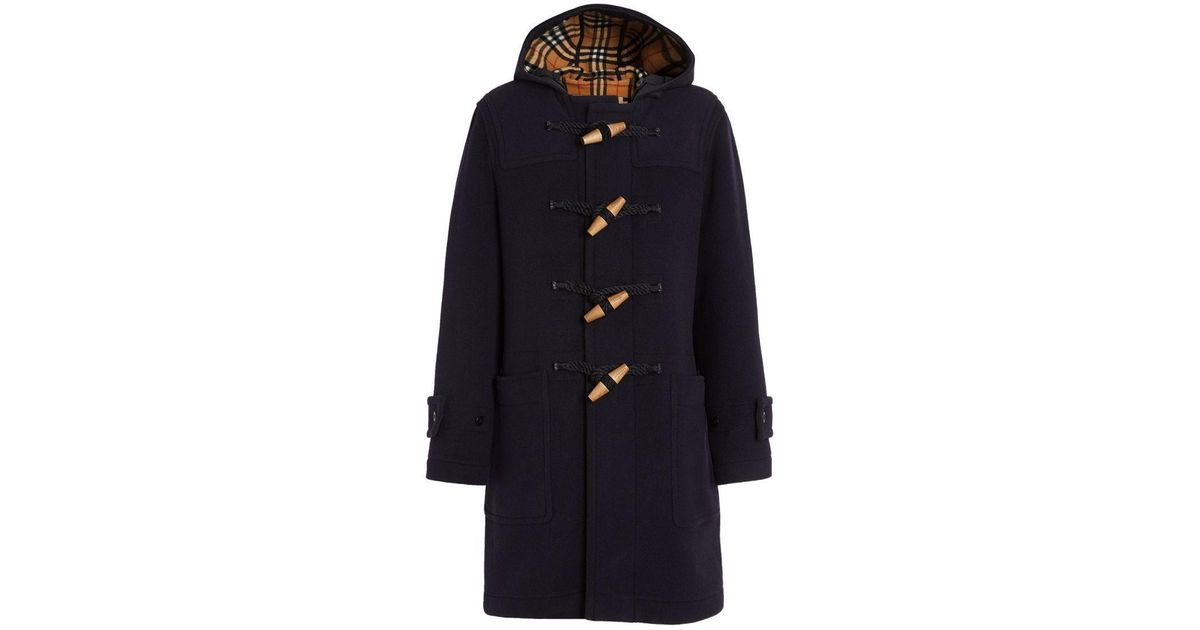 vintage check detail wool blend hooded duffle coat