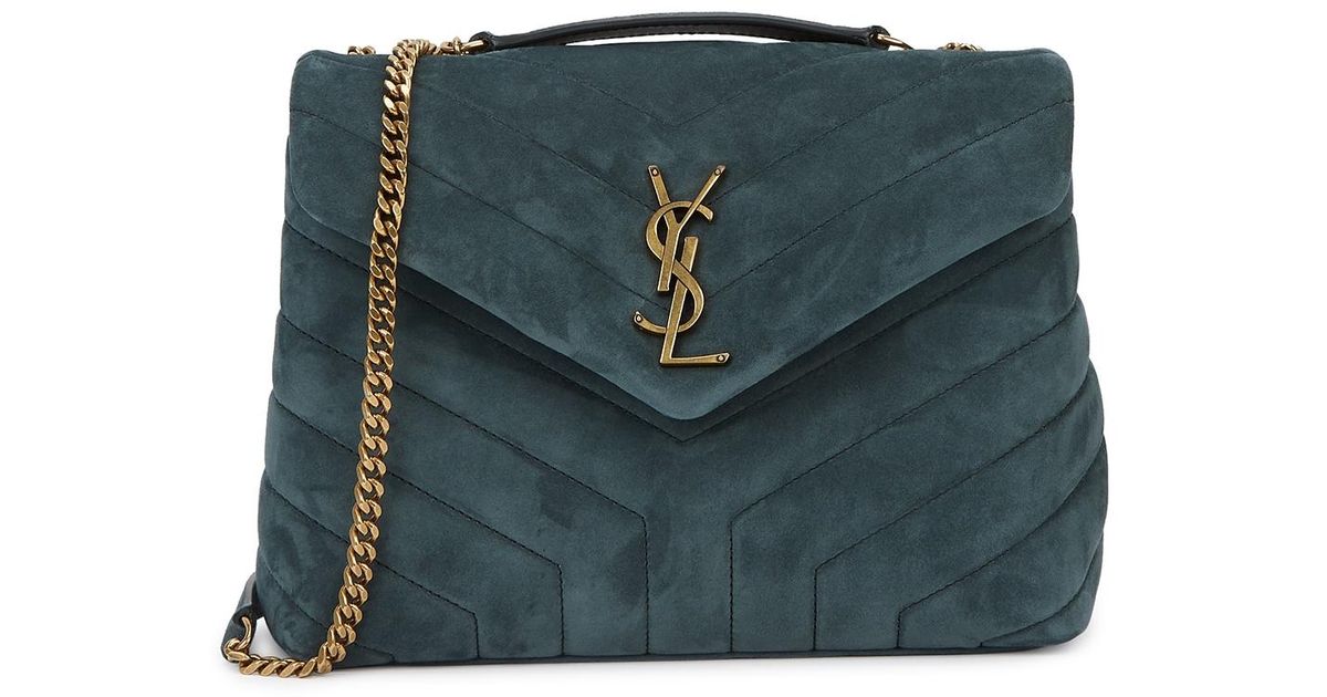 Saint Laurent Loulou Puffer Small Teal Suede Shoulder Bag in Blue