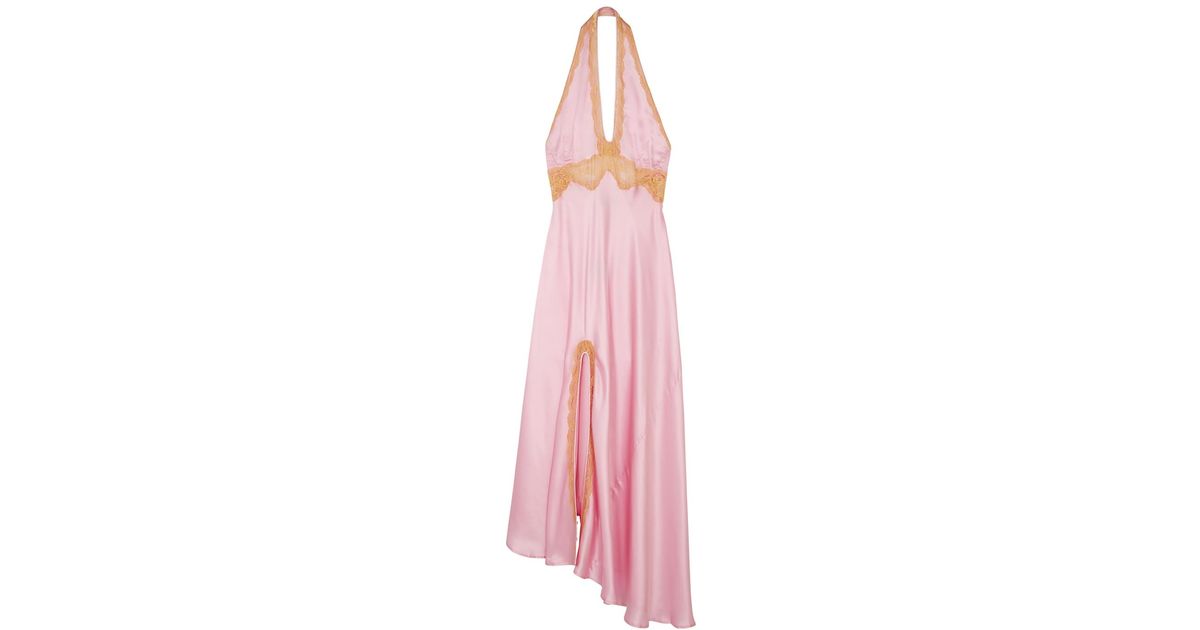 De La Vali Flora Lace-trimmed Silk-satin Maxi Dress in Pink | Lyst