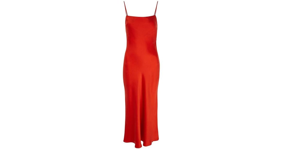 red silk midi dress