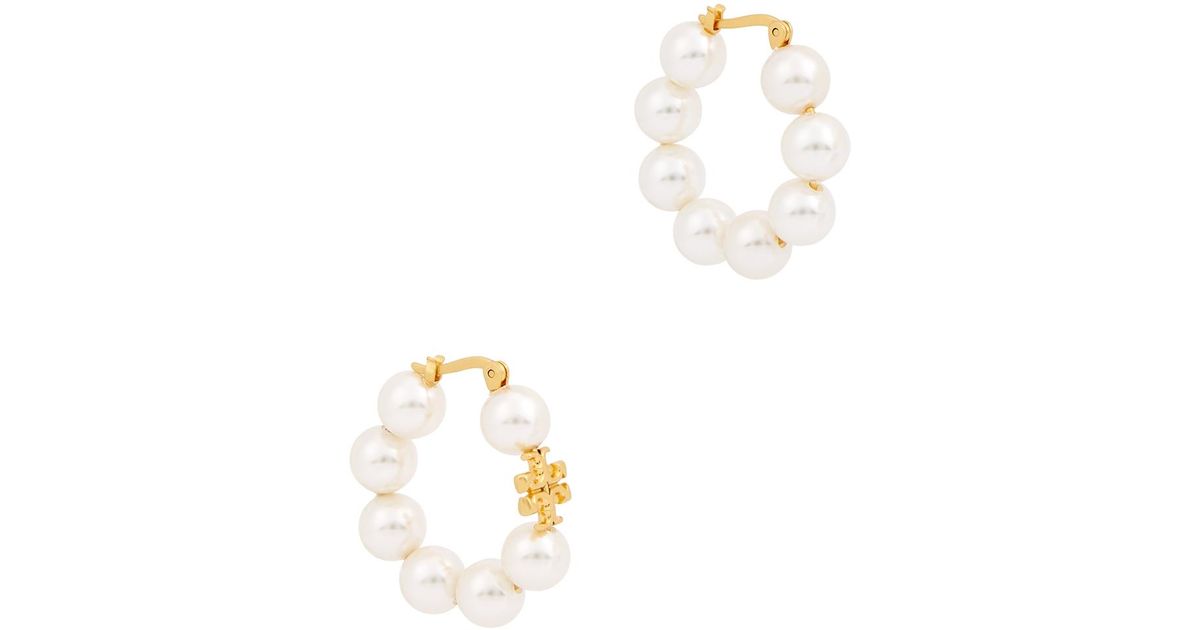 Tory Burch Kira Faux Pearl-embellished Hoop Earrings in Gold (White) | Lyst