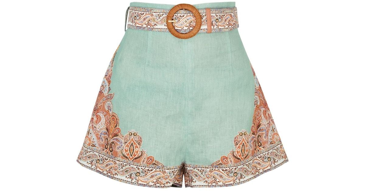 Zimmermann Devi Tuck Printed Linen Shorts, Shorts, in Green | Lyst