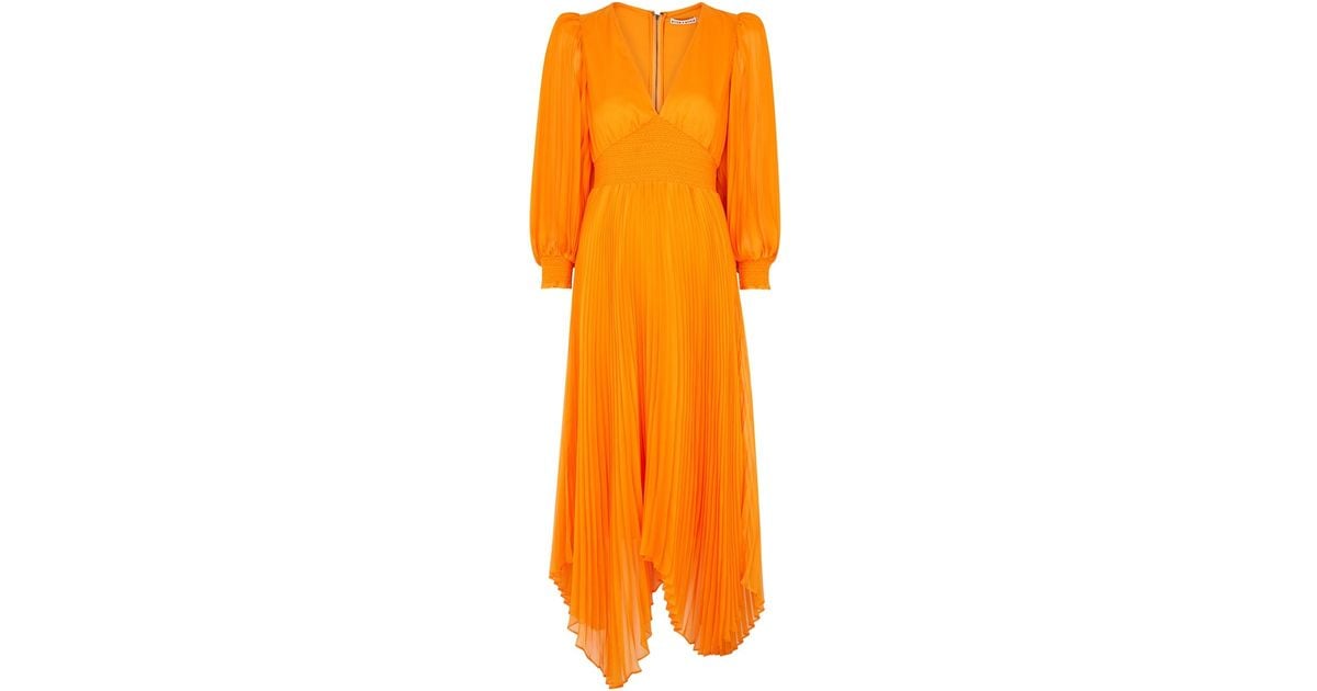 Alice + Olivia Sion Pleated Chiffon Midi Dress in Orange - Lyst