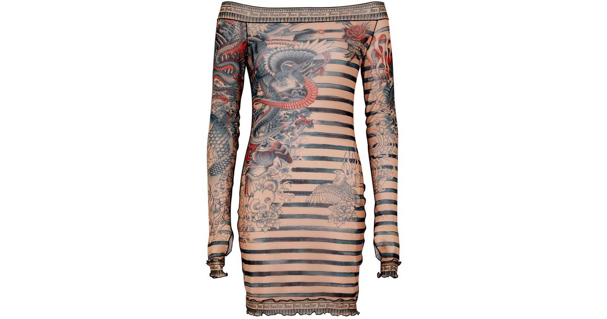 jean paul gaultier tattoo mini dress Jean Paul Gaultier The Short Tattoo Rose And Bird' Minidress In 030030-Ecru/Black/Re - 16% Off