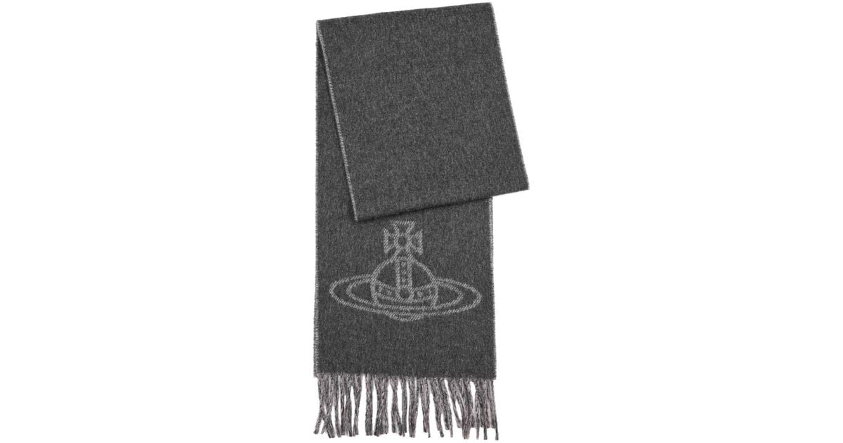 Vivienne Westwood Orb-intarsia Fringed Wool Scarf in Gray | Lyst