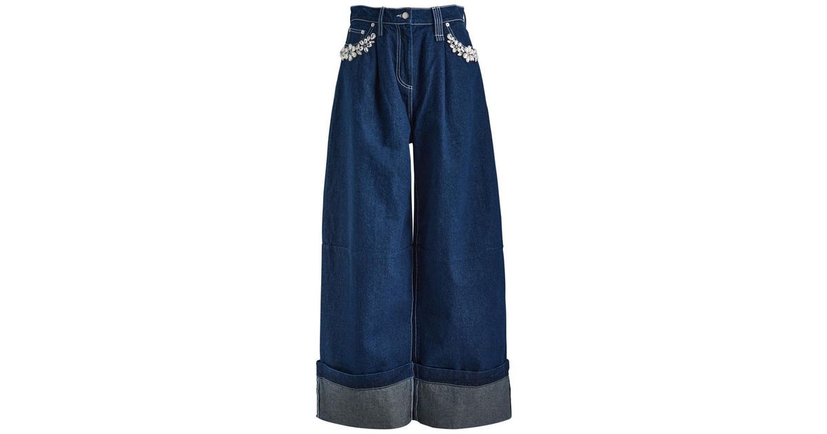 Simone Rocha Wide-Leg Crystal-Embellished Jeans in Blue | Lyst