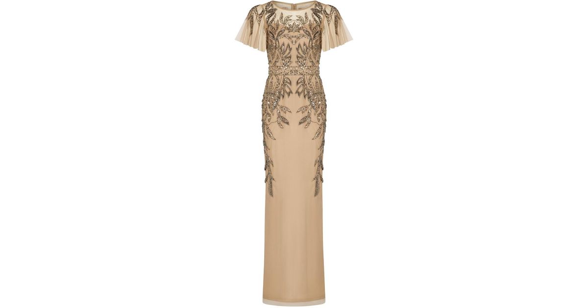 Adrianna Papell Beaded Long Dress With Sleeve in Natural Lyst UK