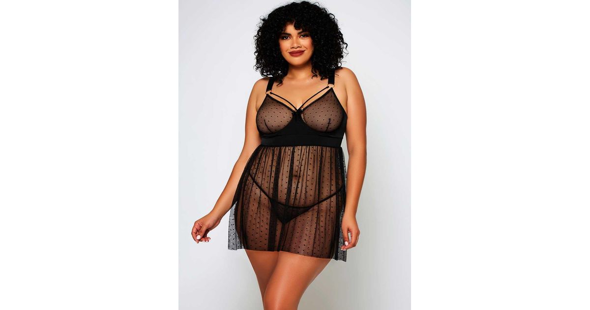 iCollection Lace Hazel Plus Size Babydoll in Black Womens Clothing Lingerie Lingerie and panty sets 