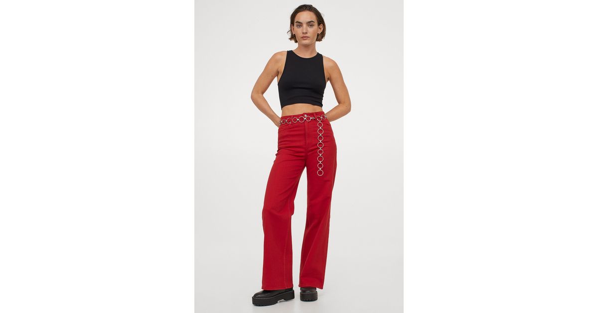 H\u0026M Cotton Wide-leg Twill Pants in Red 