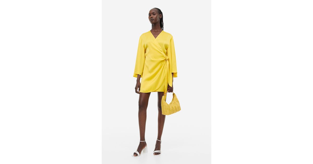 H&M Satin Wrap Dress in Yellow | Lyst