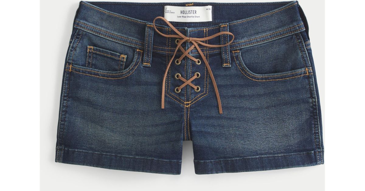 Hollister Low-rise Dark Wash Lace Up Denim Shortie Shorts in Blue