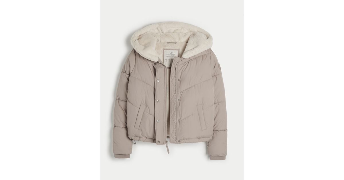 Hollister Ultimate Faux Furlined Hooded Puffer Jacket in Grey Lyst UK