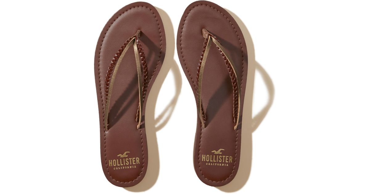 hollister brown leather flip flops