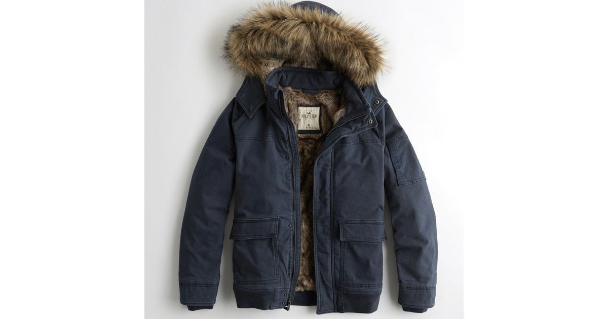 Hollister Faux Fur Lined Twill Bomber Jacket in Blue for Men Lyst
