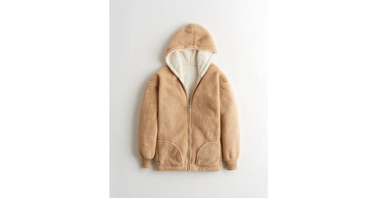 Hollister Reversible Oversized Full zip Sherpa Hoodie in Brown