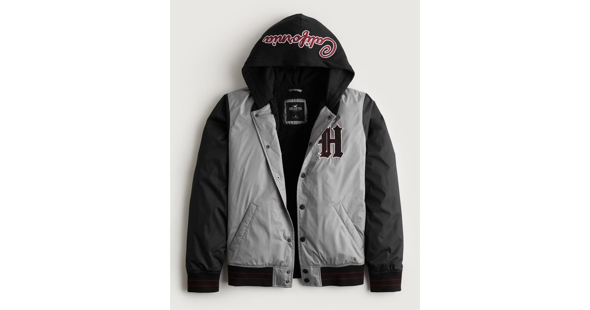 Hollister Sherpalined Hooded Varsity Bomber Jacket in Black for Men