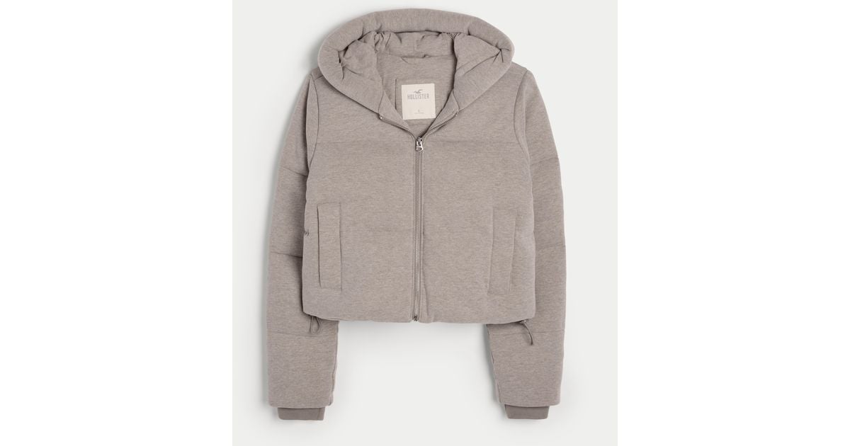 Hollister Mini Fleece Hooded Zip-up Puffer Jacket in Grey